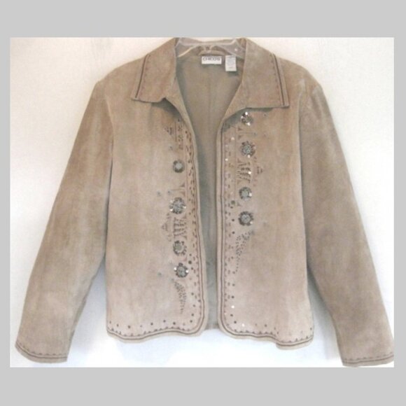 Genuine suede jacket M Chicos 1 Embellished Tan Open front Sequins Beads Brown 8 - Picture 3 of 7